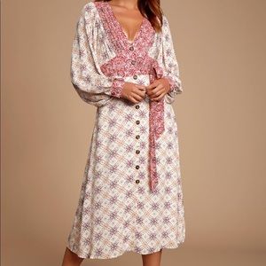 Lulus Pink Boho Prarie Floral V Neck Long Sleeve Tie Waist Midi Dress